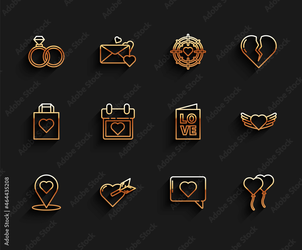 Set line Map pointer with heart, Amour and arrow, Wedding rings, Like, Balloons form of, Calendar, Heart wings and Valentines day party flyer icon. Vector Set line Map pointer with heart, Amour and arrow, Wedding rings, Like, Balloons form of, Calendar, Heart wings and Valentines day party flyer icon. Vector