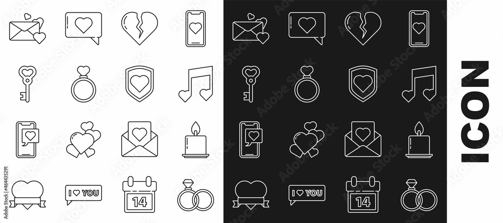 Set line Wedding rings, Burning candle, Music note, tone with hearts, Broken or divorce, Key shape, Envelope and Heart shield icon. Vector Set line Wedding rings, Burning candle, Music note, tone with hearts, Broken or divorce, Key shape, Envelope and Heart shield icon. Vector