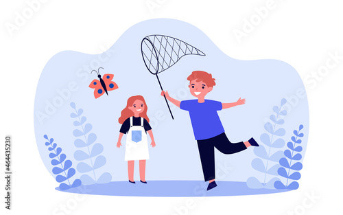 Boy catching flying butterfly with net. Cute little children playing together flat vector illustration. Summer game in playground, childhood concept for banner, website design or landing web page