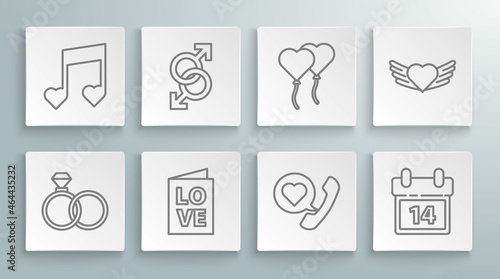 Set line Wedding rings, Male gender symbol, Valentines day party flyer, Telephone with heart speech bubble, Calendar February 14, Balloons form of, Heart wings and Music note, tone hearts icon. Vector