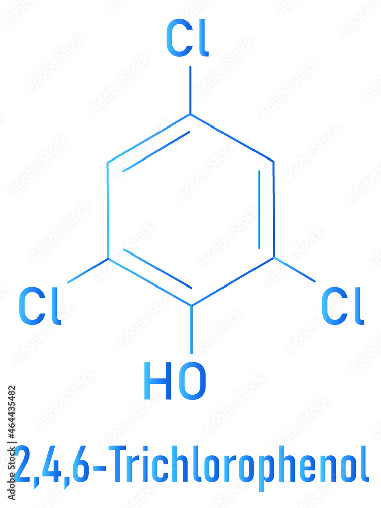 Trichlorophenol (TCP, 2,4,6-trichlorophenol) molecule. Skeletal formula. Trichlorophenol (TCP, 2,4,6-trichlorophenol) molecule. Skeletal formula.