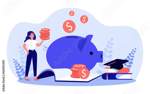 Woman saving money in piggy bank. Tiny girl holding stack of gold coins flat vector illustration. Financial education, investment, economy concept for banner, website design or landing web page