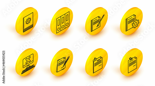 Set line Note paper with pinned pushbutton, Blank notebook pencil eraser, Computer keyboard x mark, Document settings gears, Office folders papers documents and User manual icon. Vector