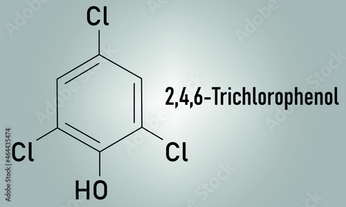 Trichlorophenol (TCP, 2,4,6-trichlorophenol) molecule. Skeletal formula.