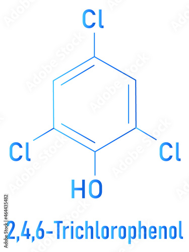 Trichlorophenol (TCP, 2,4,6-trichlorophenol) molecule. Skeletal formula.