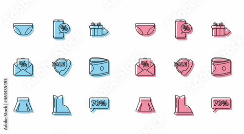 Set line Skirt, Waterproof rubber boot, Underwear, Seventy discount percent tag, Telephone 24 hours support, Stacks paper money cash, Envelope with an interest and Percent and icon. Vector photo