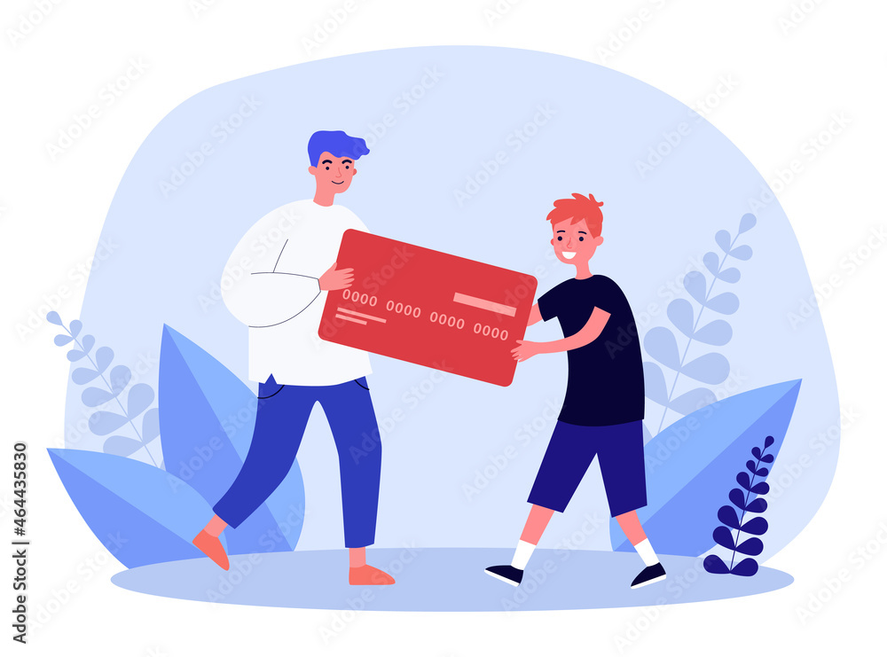 Father giving credit card to son. Tiny man and boy holding card together flat vector illustration. Family budget, financial education, savings concept for banner, website design or landing web page
