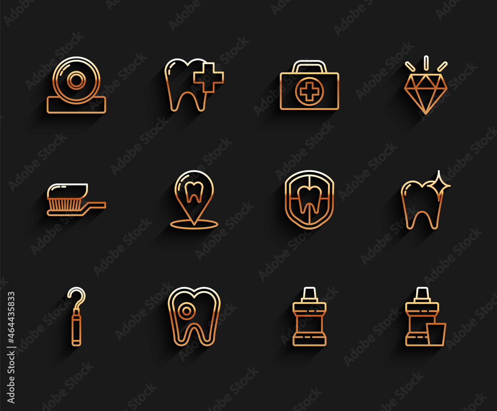 Set line Dental explorer scaler for teeth, Tooth with caries, Otolaryngological head reflector, Mouthwash plastic bottle, clinic location, whitening concept and protection icon. Vector Set line Dental explorer scaler for teeth, Tooth with caries, Otolaryngological head reflector, Mouthwash plastic bottle, clinic location, whitening concept and protection icon. Vector