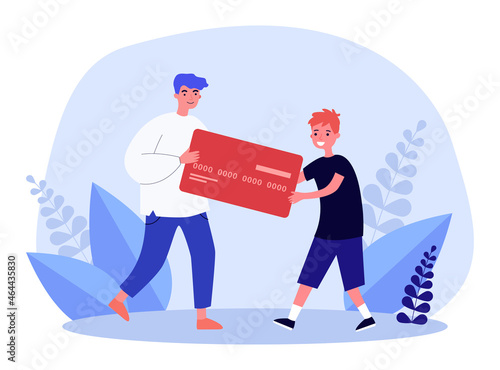 Father giving credit card to son. Tiny man and boy holding card together flat vector illustration. Family budget, financial education, savings concept for banner, website design or landing web page