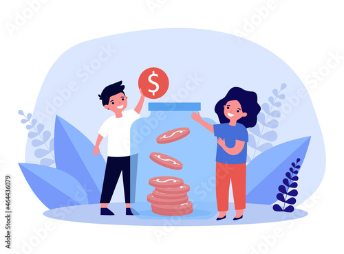 Tiny children saving money in jar bank. Girl and boy holding coins for investment flat vector illustration. Financial management, education concept for banner, website design or landing web page