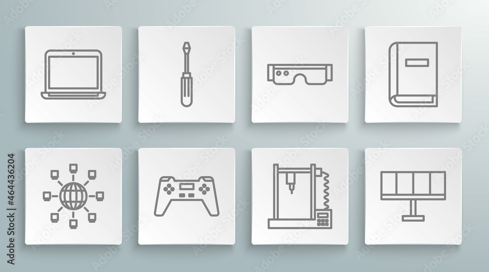 Set line Social network, Screwdriver, Gamepad, 3D printer, Solar energy panel, Smart glasses, User manual and Laptop icon. Vector Set line Social network, Screwdriver, Gamepad, 3D printer, Solar energy panel, Smart glasses, User manual and Laptop icon. Vector