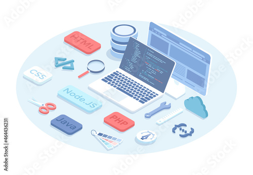 Web development and programming. Programmer engineering and coding. programming languages for creating software. Vector illustration in 3d design. Isometric web banner.	