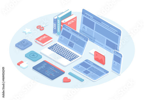 Front end development. Website UI UX interface on a monitor screen, laptop, tablet, phone. software development, front-end coding. Vector illustration in 3d design. Isometric web banner.	
