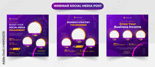 Set of social media post layout for online business live webinar invitation conference training speakers course and learning banner flyer poster template design
