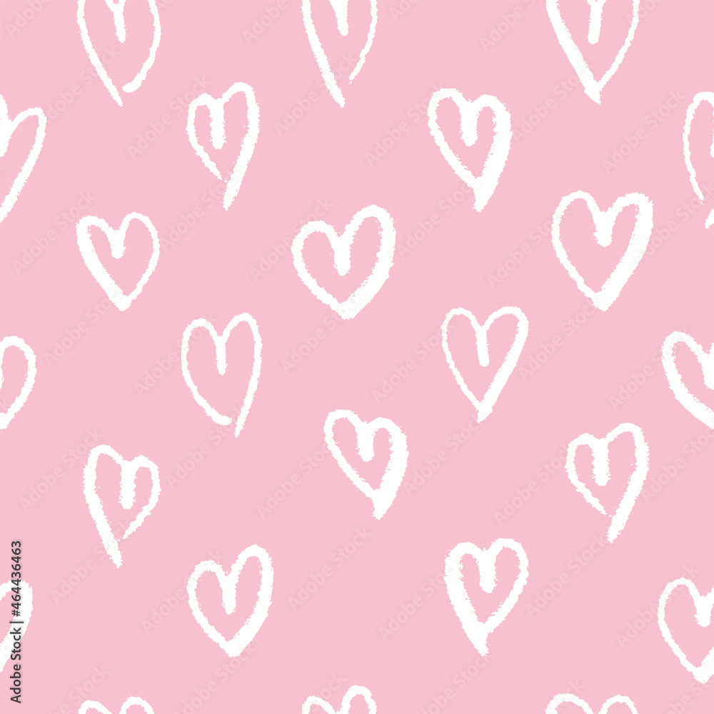 Hand drawn hearts seamless pattern. Cute cartoon stylized simple shapes. Perfect for gift card, wallpaper, wrapping paper and package print, fabric and any surface design. pink and white