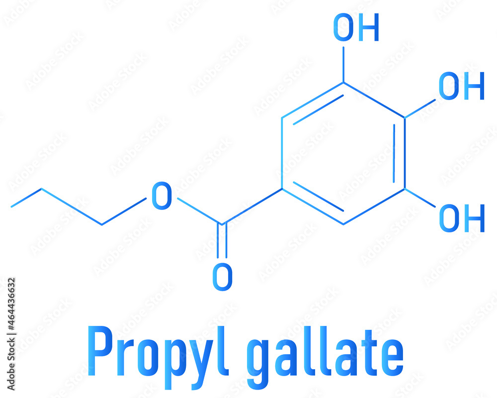 Propyl gallate or propyl 3,4,5-trihydroxybenzoate antioxidant food additive molecule. Skeletal formula. Propyl gallate or propyl 3,4,5-trihydroxybenzoate antioxidant food additive molecule. Skeletal formula.