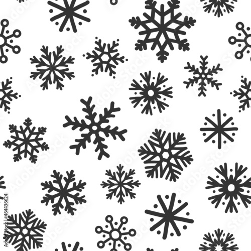 Cute Vector Winter Snowflakes Seamless Pattern. Christmas hand drawn black snow print on white background. New year kid texture for print, wrapping paper, design, fabric, decor, gift, backgrounds