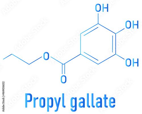 Propyl gallate or propyl 3,4,5-trihydroxybenzoate antioxidant food additive molecule. Skeletal formula.