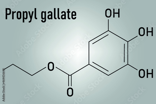 Propyl gallate or propyl 3,4,5-trihydroxybenzoate antioxidant food additive molecule. Skeletal formula.