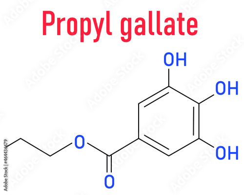 Propyl gallate or propyl 3,4,5-trihydroxybenzoate antioxidant food additive molecule. Skeletal formula.