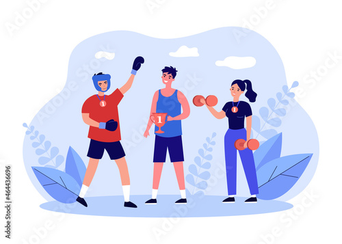 Winners of sports competitions holding trophy, standing together. Group of champions with medals and golden cup flat vector illustration. Winning concept for banner, website design or landing web page
