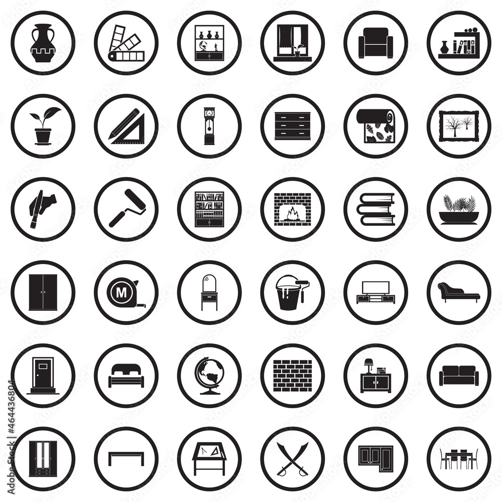 Home Decoration Icons. Black Flat Design In Circle. Vector Illustration. Home Decoration Icons. Black Flat Design In Circle. Vector Illustration.