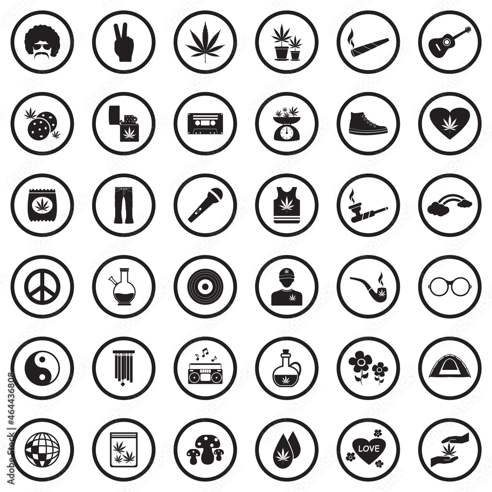 Hippie Icons. Black Flat Design In Circle. Vector Illustration. Hippie Icons. Black Flat Design In Circle. Vector Illustration.