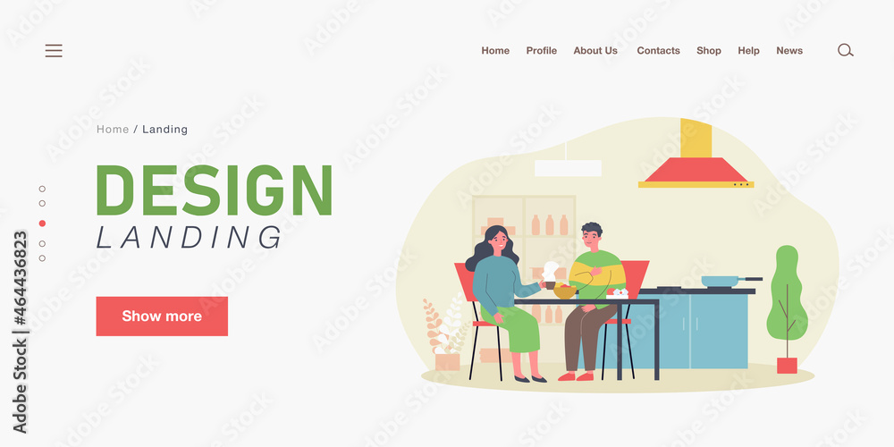 Happy couple having breakfast together. Boyfriend and girlfriend chatting at table in kitchen flat vector illustration. Romance, relationship concept for banner, website design or landing web page