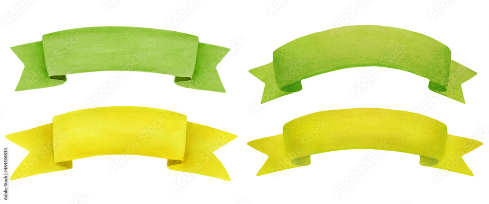 Set of watercolor green and yellow banner ribbons. Empty ribbons isolated on white background. Hand drawn illustration of design element. Place for text. 