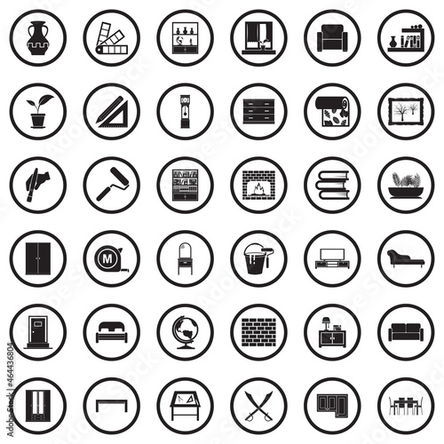 Home Decoration Icons. Black Flat Design In Circle. Vector Illustration.