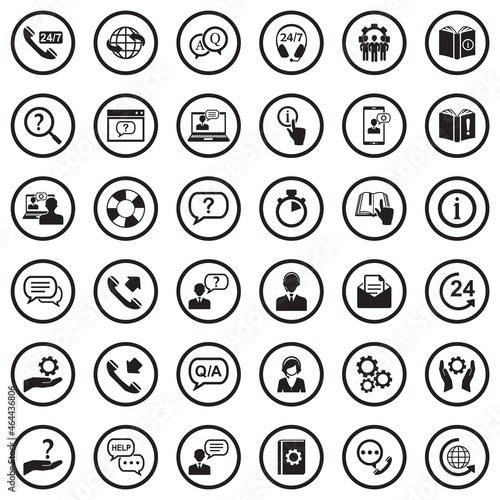 Help And Support Icons. Black Flat Design In Circle. Vector Illustration.
