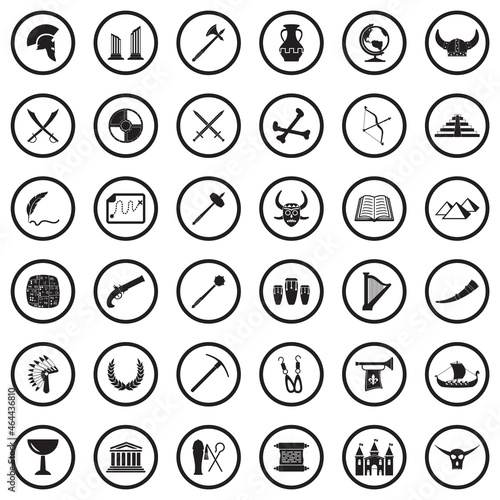 History Icons. Black Flat Design In Circle. Vector Illustration.