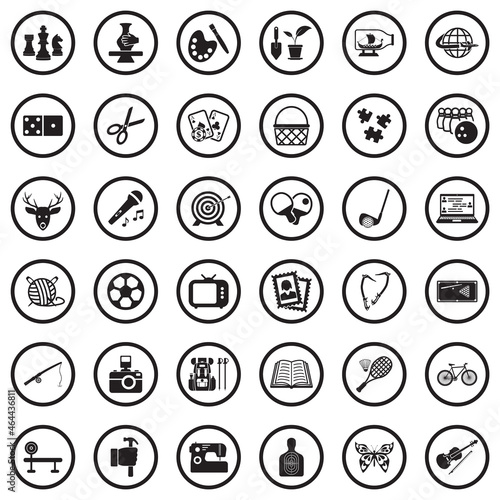 Hobbies Icons. Black Flat Design In Circle. Vector Illustration.