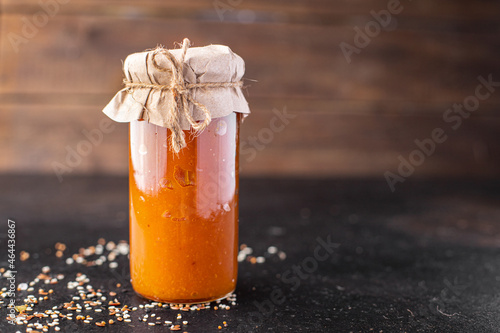 pumpkin jam blank canned food recipe sweet dessert fresh meal snack on the table copy space food background rustic 