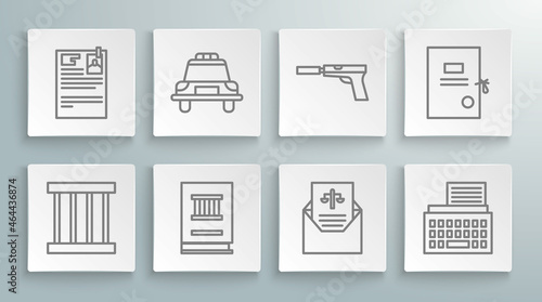 Set line Prison window, Police car and flasher, Law book, Subpoena, Retro typewriter, Pistol or gun with silencer, Lawsuit paper and icon. Vector