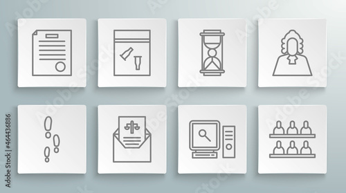 Set line Footsteps, Evidence bag and bullet, Subpoena, Search on computer screen, Jurors, Old hourglass with sand, Judge and The arrest warrant icon. Vector