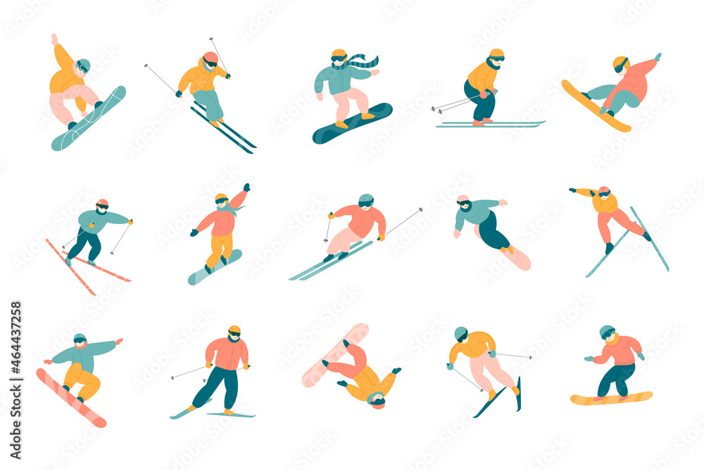 Active people snowboarding and skiing set. Cartoon vector illustrations of skiers and snowboarders jumping from mountain in action pose isolated on white. Winter extreme sport, competition concept