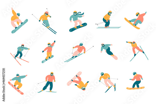 Active people snowboarding and skiing set. Cartoon vector illustrations of skiers and snowboarders jumping from mountain in action pose isolated on white. Winter extreme sport, competition concept