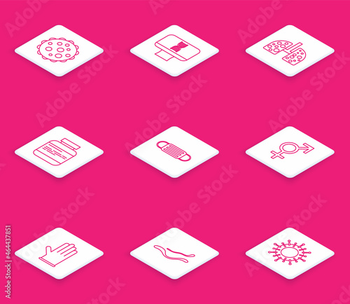 Set line Virus, DNA spiral and computer, cells in lung, Medicine bottle pills, Medical protective mask, Gender, rubber gloves and Ebola virus disease icon. Vector