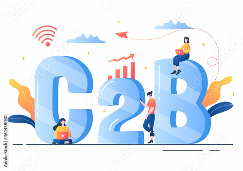 C2B or Consumer to Business Marketing Vector Illustration. Businessmen and Client Set Strategy, Sales, Commerce Reach the Agreed Transaction