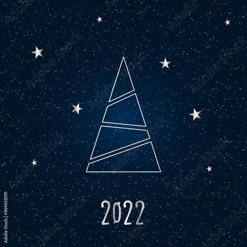 Silver silhouette of a Christmas tree with snow and stars on a dark blue background. Merry Christmas and Happy New Year 2022. Vector illustration.