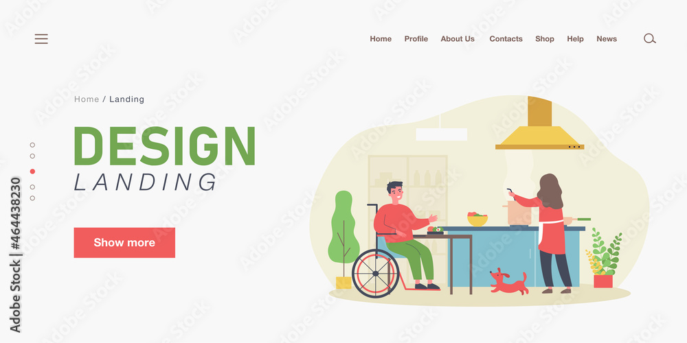 Wife cooking for her disabled husband. Cartoon vector illustration. Woman cooking dinner for smiling man sitting in wheelchair and happy dog in kitchen. Family, care, cooking, disability concept Wife cooking for her disabled husband. Cartoon vector illustration. Woman cooking dinner for smiling man sitting in wheelchair and happy dog in kitchen. Family, care, cooking, disability concept