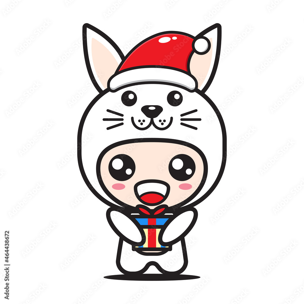 Fototapeta premium cute cartoon rabbit with christmas gift