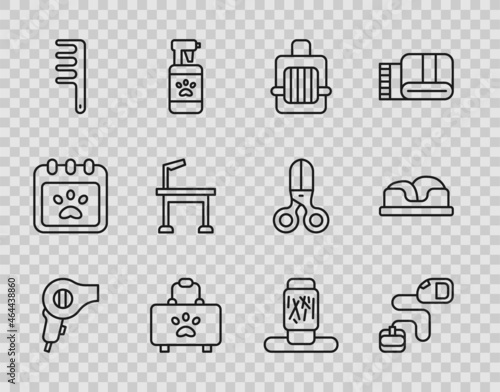 Set line Hair dryer, Retractable cord leash, Pet carry case, first aid kit, brush for dog and cat, grooming, Cat scratching post and bed icon. Vector