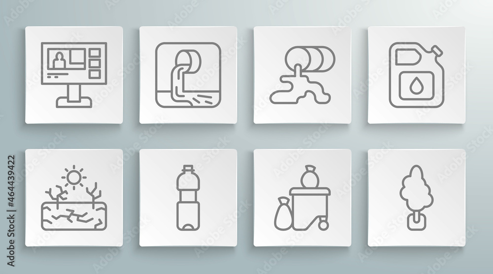 Set line Drought, Wastewater, Bottle of, Full dustbin, Tree, Barrel oil leak, Canister for gasoline and Television report icon. Vector Set line Drought, Wastewater, Bottle of, Full dustbin, Tree, Barrel oil leak, Canister for gasoline and Television report icon. Vector
