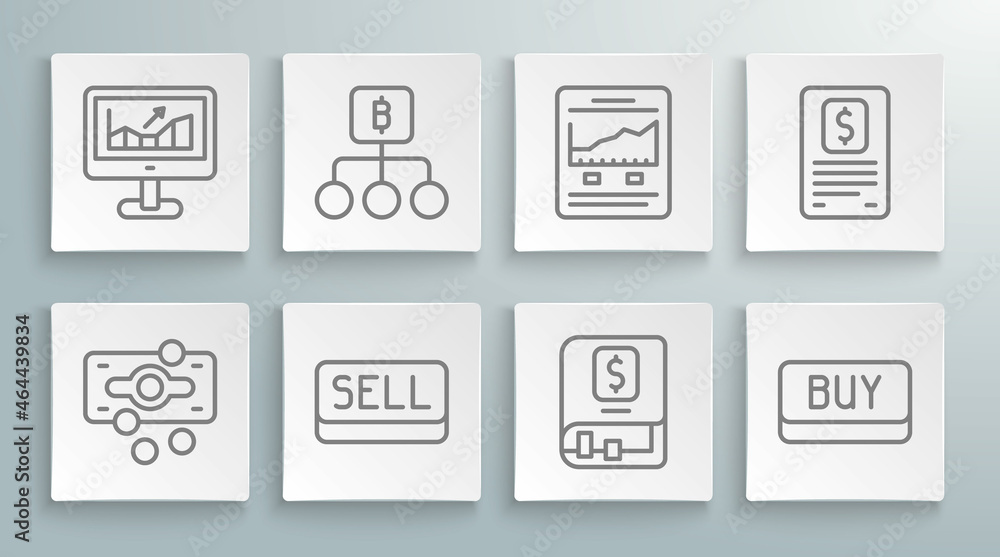 Set line Stacks paper money cash, Blockchain technology Bitcoin, Sell button, Financial book, Buy, Website with growth graph, Business finance report and Computer icon. Vector Set line Stacks paper money cash, Blockchain technology Bitcoin, Sell button, Financial book, Buy, Website with growth graph, Business finance report and Computer icon. Vector