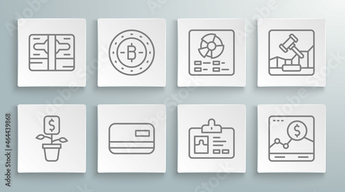Set line Dollar plant, Bitcoin, Credit card, Identification badge, Website with growth graph, Pie chart infographic, Online internet auction and Stacks paper money cash icon. Vector