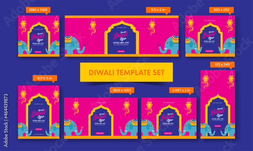 Diwali Sale Social Media Templates Collection With Cartoon Elephants In Pink And Blue Color.