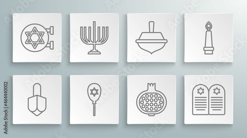 Set line Hanukkah dreidel, menorah, Balloon with star of david, Pomegranate, Tombstone, Burning candle and Jewish synagogue icon. Vector
