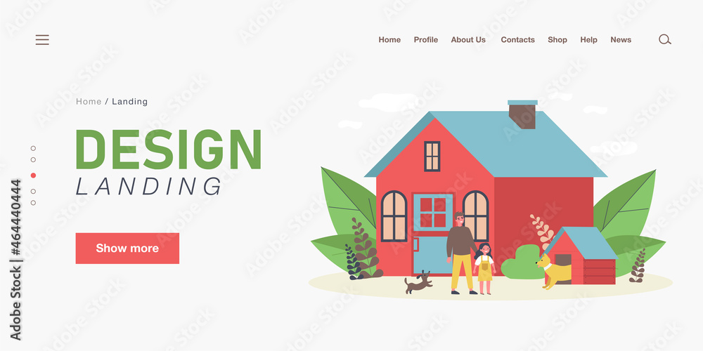 Happy man, girl and dogs in front of house. Backyard, guardian, kennel flat illustration. Lifestyle and domestic animals concept for banner, website design or landing web page